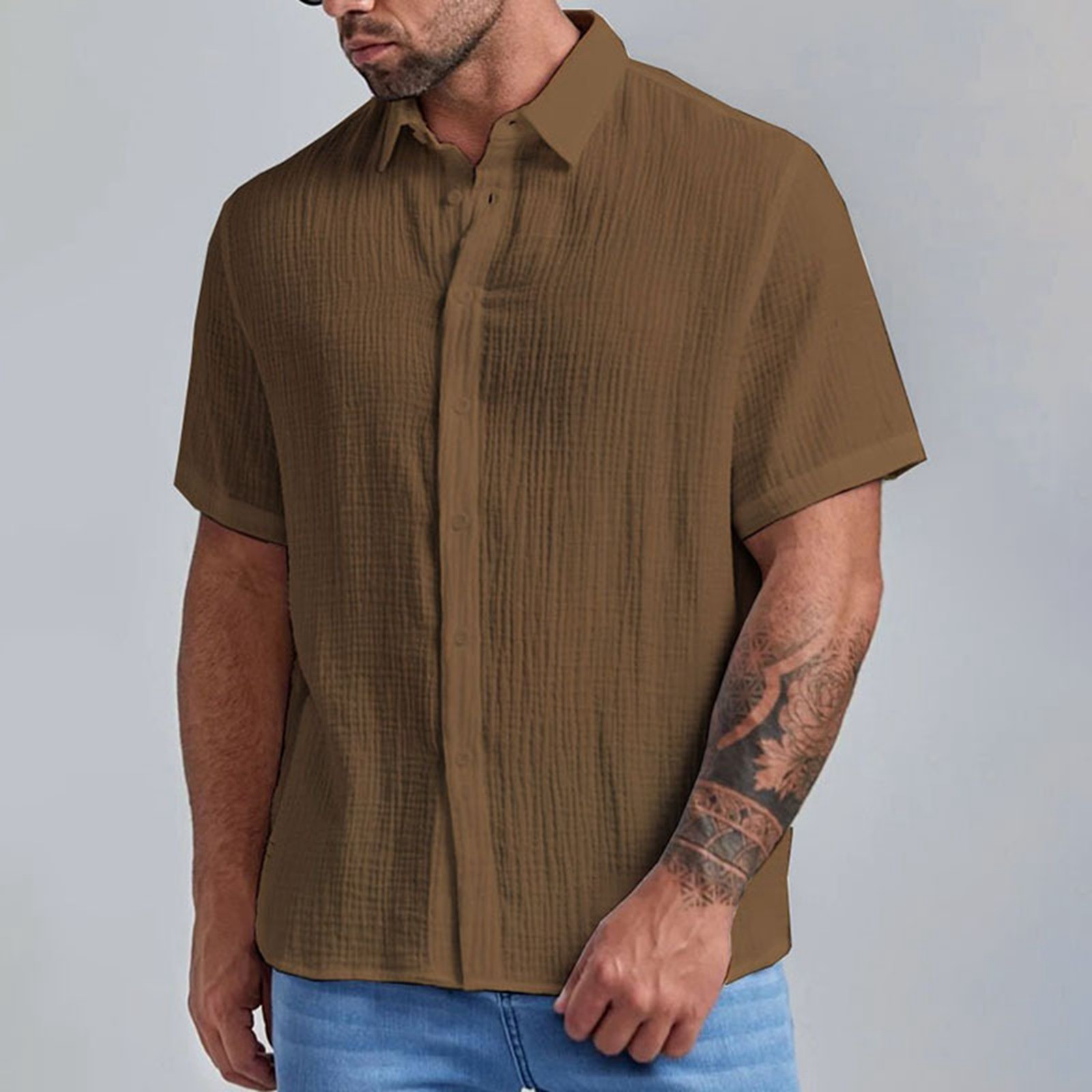thumbnail image 5 of Camisa de manga corta con cuello cubano para hombre - Camisa informal con botones para bodas en la playa - Ropa de verano, 5 of 5